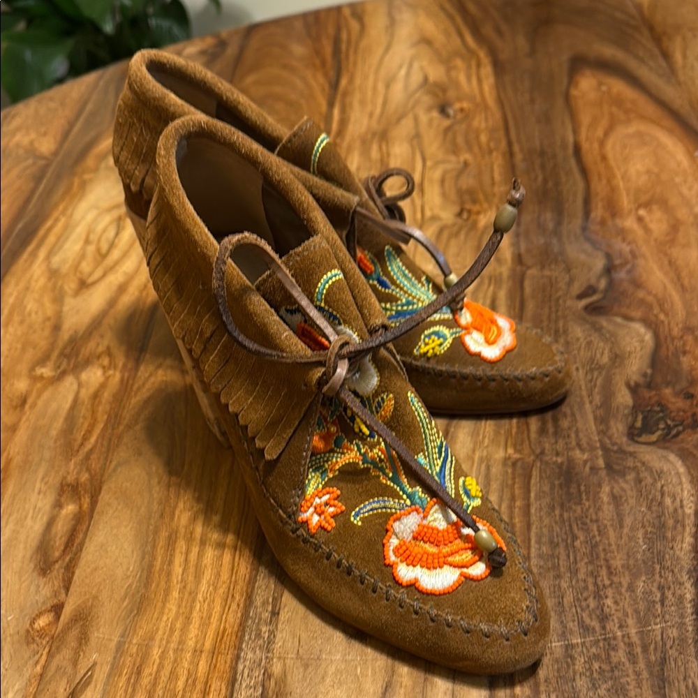 Rare Tory Burch Brown and Orange Moccasin Heel Boots Booties